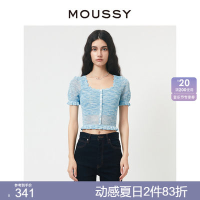 moussy甜美风泡泡袖花边T恤上衣