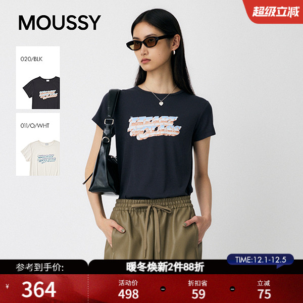 MOUSSY2025秋季新品休闲风炫彩字母印花圆领短袖T恤010IA290-2291