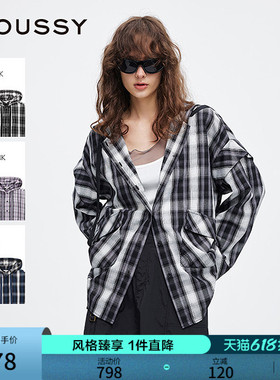 MOUSSY 春季新品复古街头撞色格纹连帽长袖衬衫028ISA30-2301