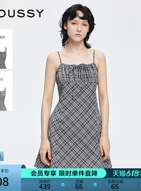 MOUSSY 早春新品复古格子蝴蝶结修身吊带连衣裙028IAA33-1005