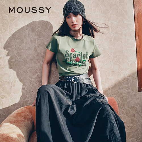 MOUSSY早春休闲风字母玫瑰印花圆领短袖T恤028IAA90-0671