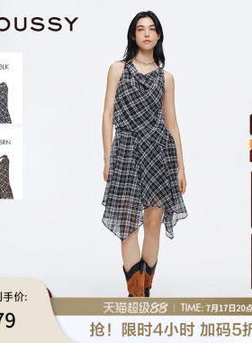 MOUSSY 夏季新品格纹荡领露背不规则无袖连衣裙028ISA33-3521
