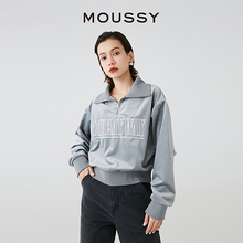 MOUSSY 早春新品复古学院风半开领字母丝绒卫衣028HSZ90-0131