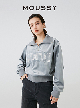 MOUSSY 早春新品复古学院风半开领字母丝绒卫衣028HSZ90-0131