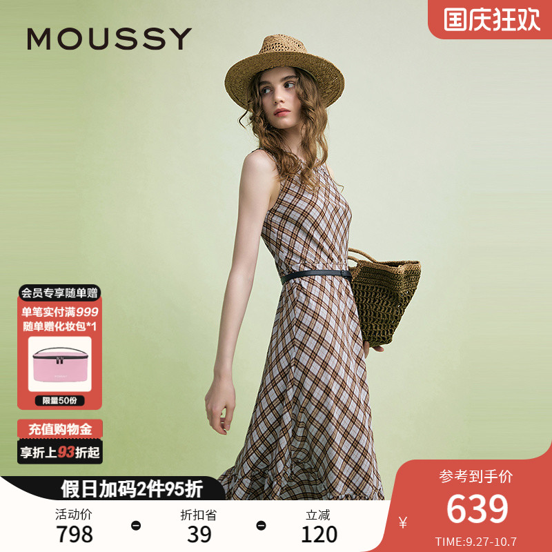 MOUSSY 2025夏季新品复古港风菱格纹无袖连衣裙女028ISA33-3961