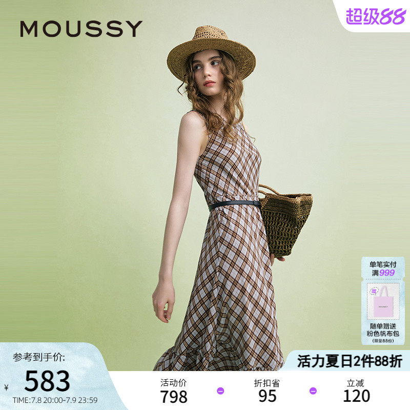 MOUSSY 2025夏季新品复古港风菱格纹无袖连衣裙女028ISA33-3961