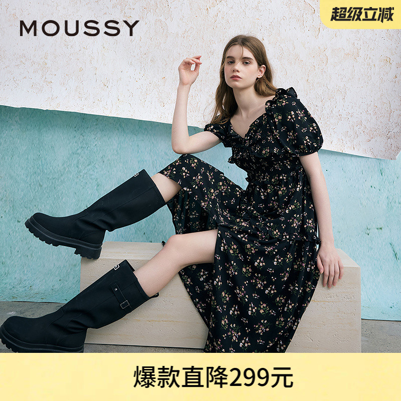 MOUSSY 2025夏季新品法式少女方領(lǐng)泡泡袖碎花連衣裙028ISA33-3301