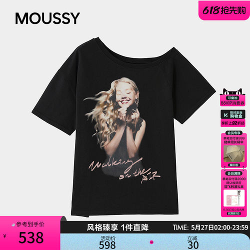 MOUSSY2026夏季新品美式复古风做旧人像印花斜肩T恤028JSA90-1084