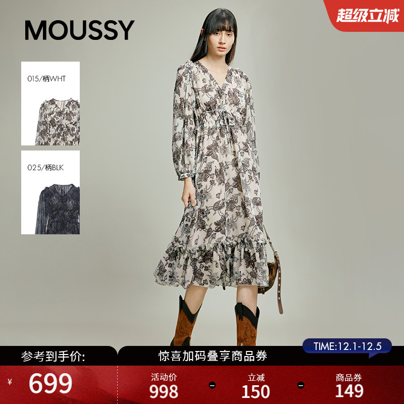 MOUSSY 2025秋季新品复古风花纹雪纺V领长袖连衣裙028IAB33-1010
