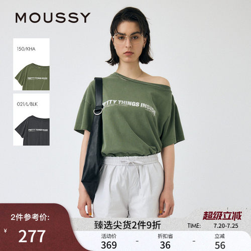 MOUSSY早春新品休闲通勤风字母斜肩宽松短袖T恤010IS290-9331