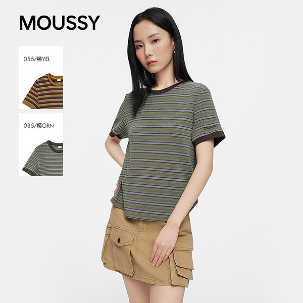 MOUSSY2026夏季新品复古美式撞色条纹宽松短袖T恤女028JAC80-1143图片