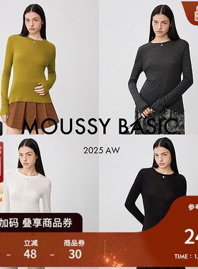 MOUSSY2025秋季新品休闲简约风纯色圆领长袖T恤衫女028IAC70-1050