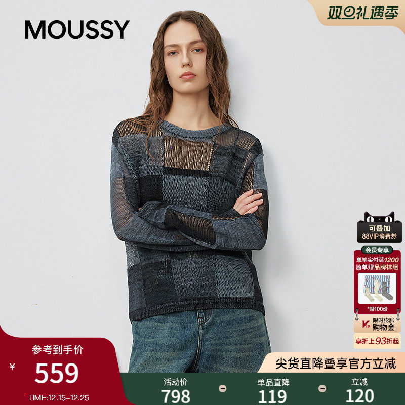 MOUSSY2025秋季新品复古休闲风撞色拼接毛针织衫女028IAC70-1037