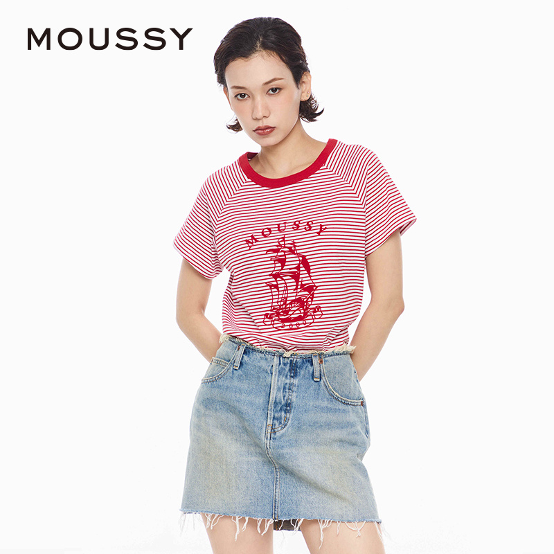 MOUSSY法式度假风学院风条纹T恤