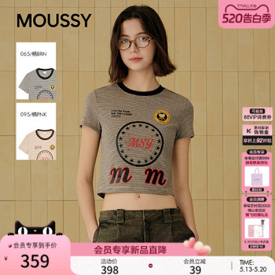 MOUSSY2026夏新品复古美式辣妹风撞色条纹印花T恤女028JSA90-1070