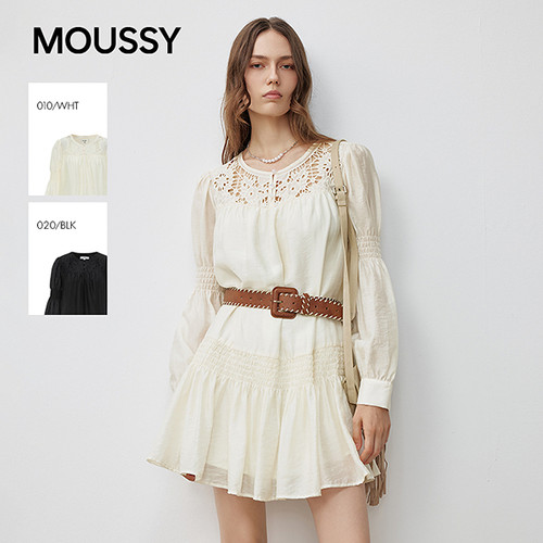 MOUSSY 早秋新品甜美显瘦镂空褶皱拼接长袖连衣裙028IAA33-1004