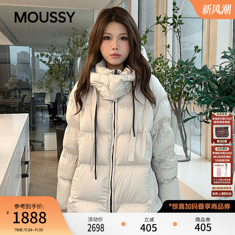 MOUSSY 2025秋季新品奶油泡芙抽绳连帽中长款羽绒服028IAC30-1113