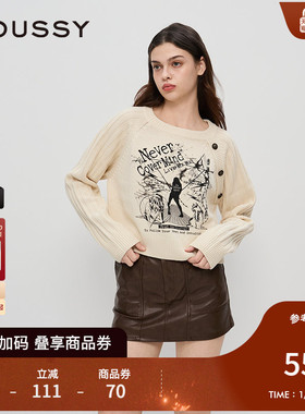 MOUSSY2025早秋新品暗黑哥特图案短款针织衫毛衣女028IAZ70-1019