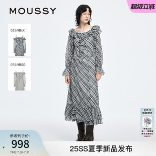 moussy2025早秋新品 1001 甜美清新荷叶边长袖 格子连衣裙028IAA33