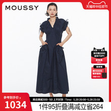 MOUSSY 2024夏季新品优雅度假风V领大口袋连衣裙女028HS930-0071