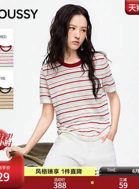 MOUSSY2026夏季新品复古风条纹撞色休闲圆领短袖T恤028JSC90-1091