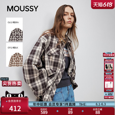 MOUSSY 甜酷风抽褶系带收口复古格子长袖衬衫女028ISA30-1004