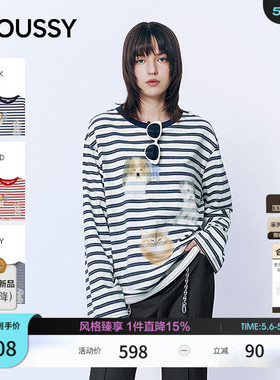 MOUSSY2026春季新品慵懒休闲风条纹小狗印花长袖T恤028JSA90-1015