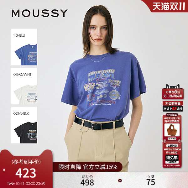 MOUSSY 2025夏季新品美式复古风印花做旧短袖T恤女010ISQ90-6851