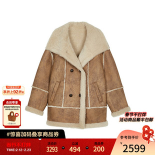 MOUSSY 2026早春新品复古做旧风羊毛皮翻领保暖外套028JSC30-1067