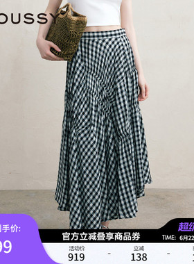 MOUSSY 春季文艺感不规则格纹半身裙女028JSX31-1066