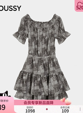 MOUSSY 2026夏季新品纯欲风木耳边印花泡泡袖连衣裙028JSZ33-1016