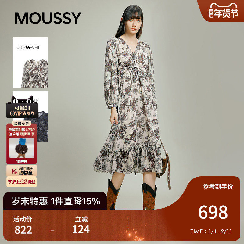 MOUSSY 2025秋季新品复古风花纹雪纺V领长袖连衣裙028IAB33-1010,女装/女士精品,连衣裙,淘宝优惠券,粉丝福利购,淘宝优惠卷