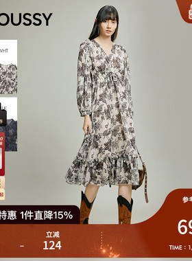 MOUSSY 2025秋季新品复古风花纹雪纺V领长袖连衣裙028IAB33-1010