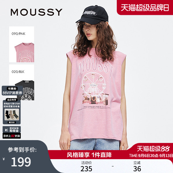 【明星同款】MOUSSY 美式街头摩天轮LOGO无袖T恤028JSX90-1048图片