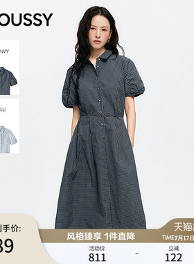 MOUSSY26夏季新品文艺泡泡袖显瘦格纹衬衫连衣裙028JSC33-1034