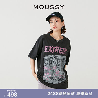 MOUSSY 2024夏季新品美式学院风印花宽松T恤028HS490-0040