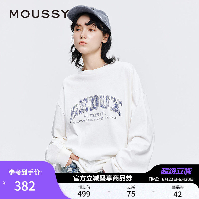 MOUSSY早春新品美式学院风做旧印花长袖T恤女028JSX90-1052