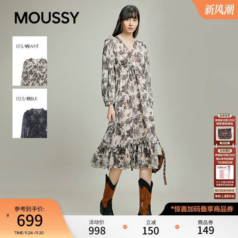 MOUSSY 2025秋季新品复古风花纹雪纺V领长袖连衣裙028IAB33-1010