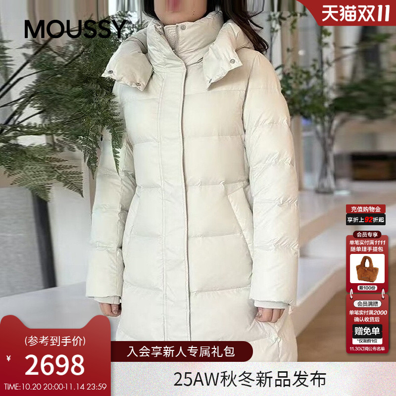 MOUSSY 2025冬季新品系带收腰连帽90长款羽绒服外套028IAA30-1051
