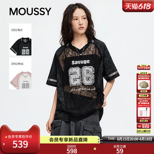 MOUSSY 2026夏季新品美式复古风蕾丝拼接V领短袖T恤028JSA90-1077