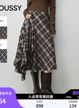 【明星同款】MOUSSY 复古格纹不规则裙摆长款半身裙028IAA31-1027