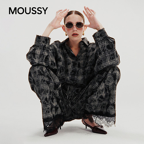 李斯丹妮同款MOUSSY 秋品日系撞色格子长袖衬衫 028IAA30-0341
