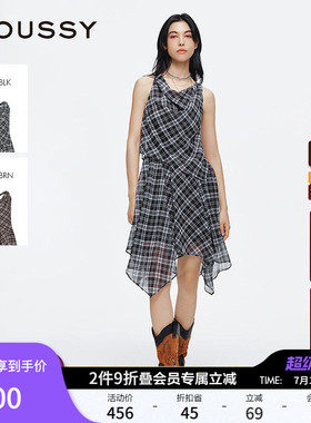 MOUSSY 夏季新品格纹荡领露背不规则无袖连衣裙028ISA33-3521