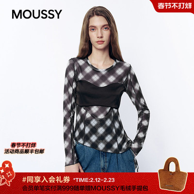 MOUSSY2026早春新品轻熟复古风格纹撞色长袖修身T恤028JSA80-1009