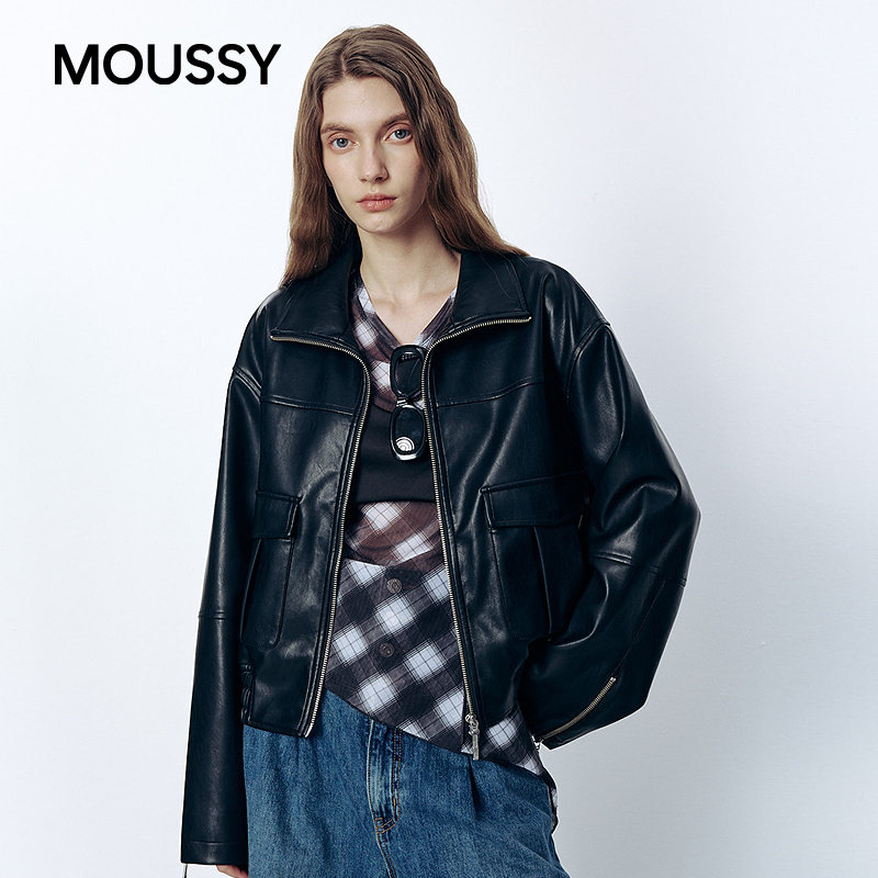 MOUSSY 2026春季新品街头潮酷风翻领廓形皮衣外套女028JSA30-1024