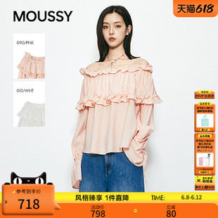 MOUSSY 2026夏季新品甜美风抽褶木耳边一字肩衬衫女028JSA30-1038