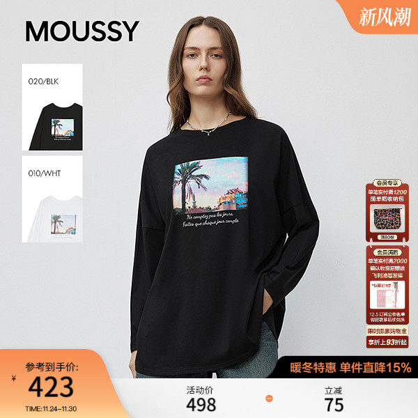 MOUSSY2025秋季新品美式风景印花圆领休闲长袖T恤女028ISB90-1012