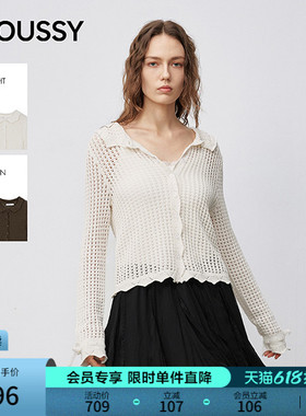MOUSSY 早春新品文艺风纯色镂空翻领时尚针织衫028IAA70-1001