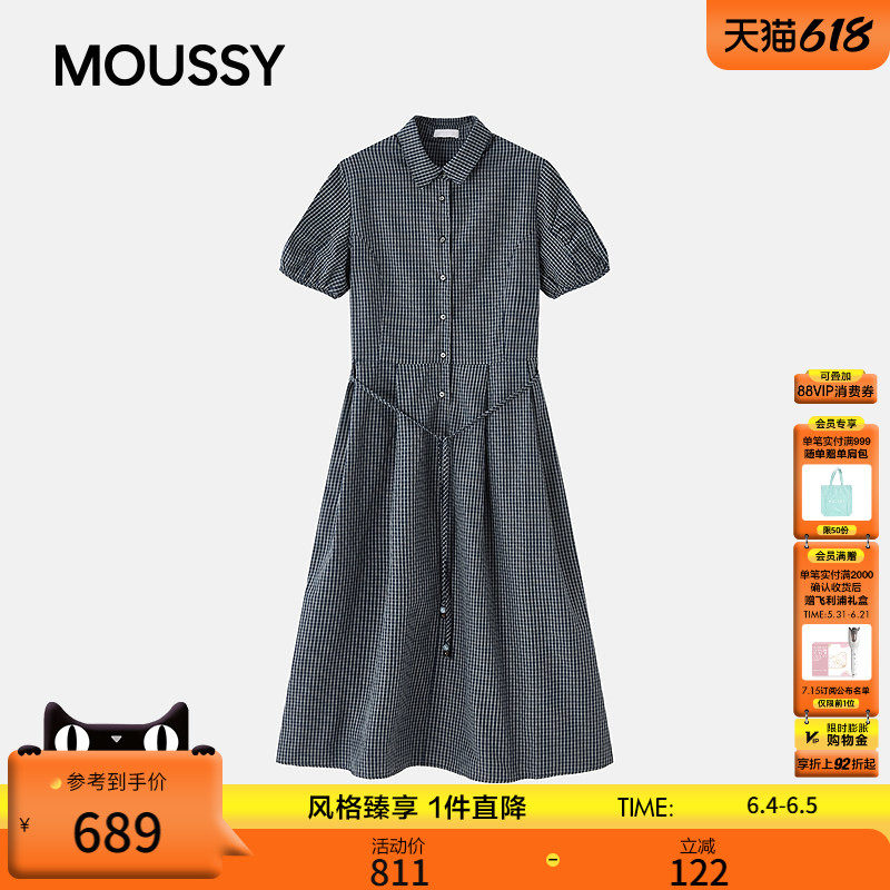 MOUSSY 26夏季新品文艺泡泡袖格纹衬衫连衣裙028JSC33-1034