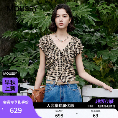 MOUSSY 2026夏季新品复古甜酷风格纹抽褶泡泡袖衬衫028JSA30-1073